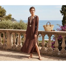 Tory Burch Linen Floral Applique Maxi Dress Brown Sony Studios RARE Size 2 NWT