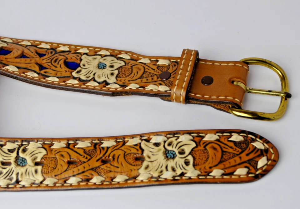 Kona Kut by Nocona Womens Hand Tooled Leather Belt Sz 28 Brown Bev Western Rodeo - Image 4 of 4