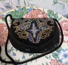 Vintage Black And Multicolor Beaded Shoulder Bag Purse