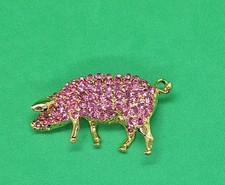 Vtg Goldtone Pig Brooch With Pink Rhinestones, Unbranded