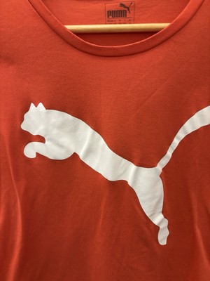 PUMA women Big Cat Logo Activewear T Shirt size L  Orange Moisture Wicking Knit