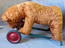 Antique 1900's Teddy Bear on Wheels Brown Mohair Stuffed Ride Pull Toy Worn Aged