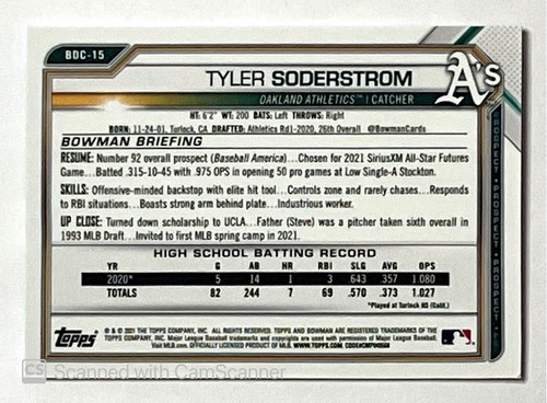 Bowman Draft 2021 cromo refractor de lava acuática/199 Tyler Soderstrom #BDC-15 - Imagen 2 de 2