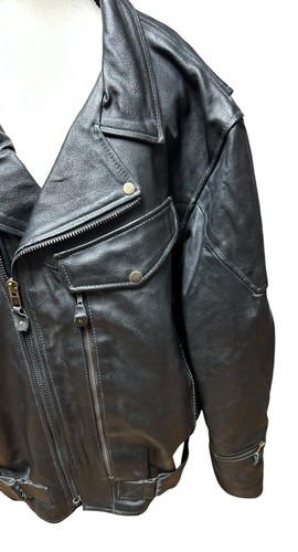 Men's Genuine Leather Jacket Black Size 60 Motorcycle Coat Full Zip Long Sleeve - Picture 2 of 16