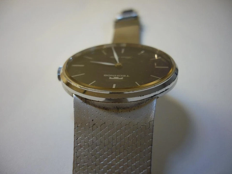 Reloj TECHNOS Esfera Piedra Natural Cuerda Manual Caja Plata 925 33mm Funcionando Años 70 Foto 4 de 4