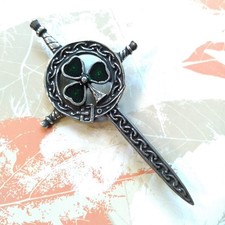 Green Enamel Shamrock Sword Miracle Jewellery Pewter Brooch UK Made