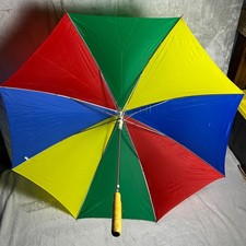 Vintage 1980s Rainbow Umbrella NOS Tags 100 Nylon Wood Handle Primary Colors
