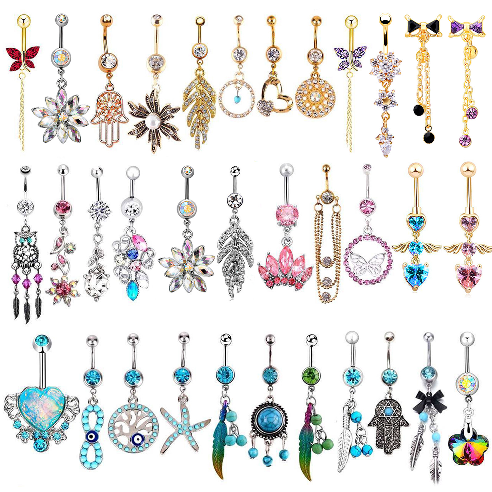 14G Surgical Steel Belly Button Rings for Women Curved Navel Ring Dangle Barbell