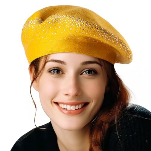 Rhinestone Beret Hats for Women 2 Layers Wool French Hat One 