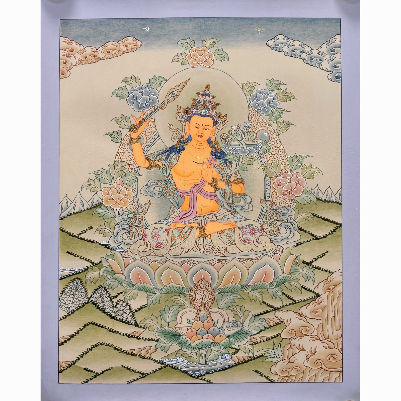 Consecrated Manjushree Thangka Painting, Handmade Sacred Thangka Painting for