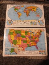 Pristine 17"X11" Laminated double sided United States 3C  World Map 3D Nystrom
