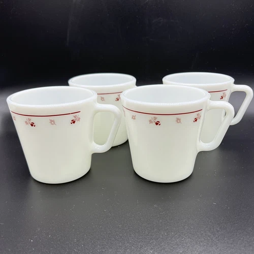 Four (4) Pyrex Mugs White Milk Glass Burgundy Rose D Handle 1410 USA Vintage EUC