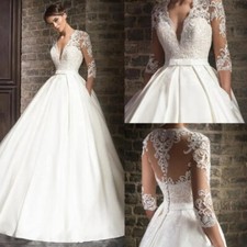 Elegant Lace Wedding Dresses Half Sleeves V-Neck Bride Dress Sweep Train Pockets