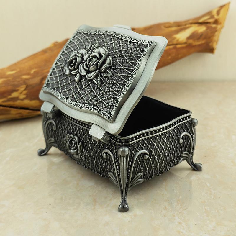 Jewelry Box Metal Silver Small Flower Modern Carved Rectangle Novelty Art Gift