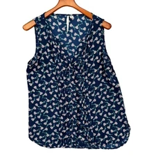 LC Lauren Conrad Floral Blouse Womens Navy Blue Sleeveless Button Front Size M