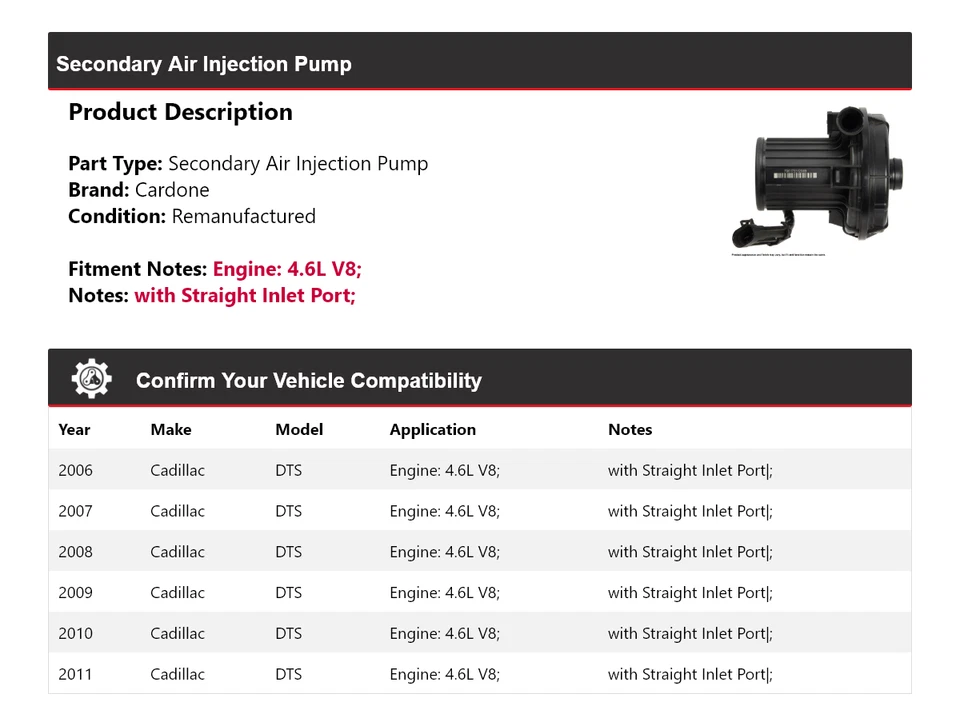 Bomba de inyección de aire secundaria Cardone 2007 para Cadillac DTS 4,6 L V8 2006-2011 Foto 2 de 4