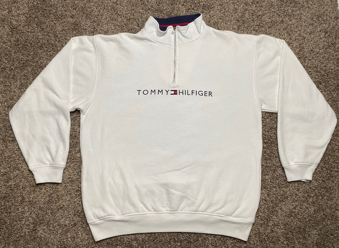 Tommy Hilfiger Sweater Men Sz XL 1/4 Zip VTG Pullover W/ Pockets Spellout -Read