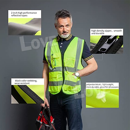 Hi Vis Safety Vest Reflective High Visibility Tape Zip Night Workwear Pocket NEW - Picture 6 of 11