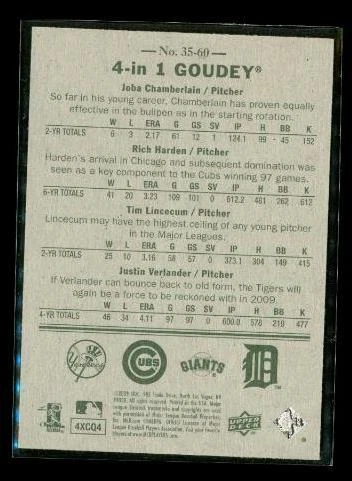 2009 UD 4 IN 1 GOUDY Baseball Card #35 - 60 CHAMBERLAIN HARDEN VERLANDER LINECUM - Image 2 of 2