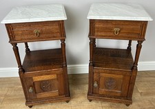 Pair of Bedside Tables Antique French Marble Top Carved Oak Cabinets LOT 4916