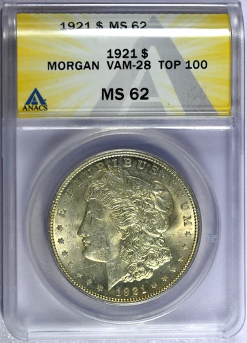 1921 ANACS MS 62 Top 100 VAM-28 Wide Reeding Morgan Dollar