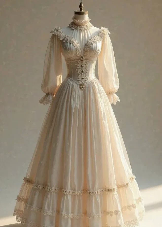 Vintage Victorian Wedding Dress Long Sleeves High Neck Bridal Gown Lace Applique - Image 3 of 4