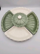 Vintage California Pottery 6 PC Chip & Dip Relish Green & White Ruffle Edge 950 