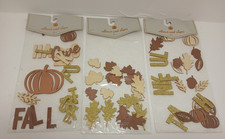 Rare Autumn Fall Wood Shapes Die Cut Sayings Designs Glitter Leaves Pumpkins NOS