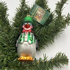 Merck Family Old World Christmas Glitter Penguin GreenTop Hat Ornament 2006 4.5"