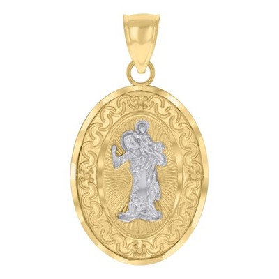 Genuine 10K Two Tone Gold 1.10'' Charm Oval Medallion D/C St. Christopher Pendant