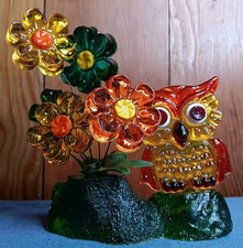Vintage Lucite Owl and Flowers on Tree Stump ...
