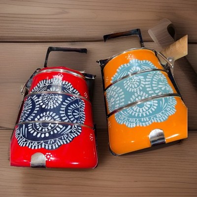 GlobeIn Red Or Orange And Blue Enamel Stackable Locking Tiffin Lunch Box
