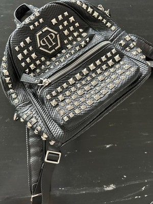 Philipp Plein  Rucksack Schwarz Reptilienmuster Nieten Logo Zip