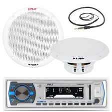 Pyle Black 300W USB Marine AM FM Radio, 6.5" Black 120W Marine Speakers, Antenna