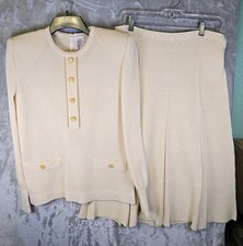 Vtg Castleberry Knit Sweater Pleated Midi Skirt Set Ivory 8 Gold Buttons read