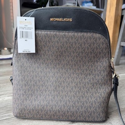 Michael Kors Large Dome Backpack Brown Black Logo Print Zip Gold Hardware