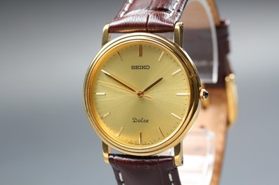 [Exc+5] SEIKO Dolce 8N41-7030 32mm Gold Dial Brown Band Quartz Men's Watch