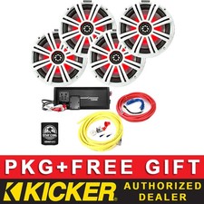 KICKER KM84L MARINE/BOAT AUDIO 8" LED SPEAKERS 4CH AMPLIFIER 4AWG AMP KIT