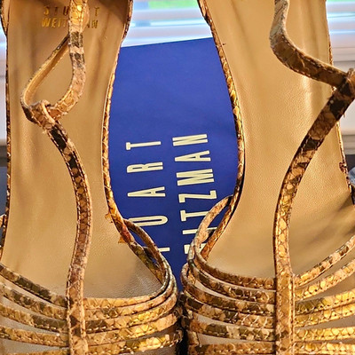 Stuart Weitzman Gold Brown Leather Snake Skin Strappy Open Toe Heels 8.5