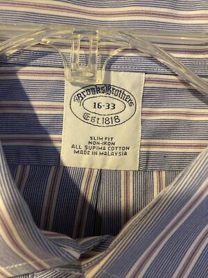 Brooks Brothers Non Iron 16-33 Slim Fit Men's Dress Shirt Blue Red