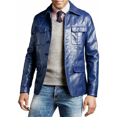 Trendy Men's Genuine Lambskin Leather Blazer Coat 5 Button Blue Coat Blazer
