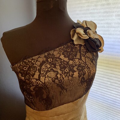 Jessica McClintock Metallic Gold Lace dress Sz 8 One Shoulder With Bow |  eBay