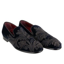 DOLCE & GABBANA Barock Samt Loafer Schuhe MILANO Floral Stickerei Blau 43 12088