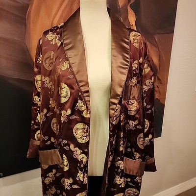 Vintage 1920s / 30s Chinese Silk Brown And Gold Smoking Jacket 46 