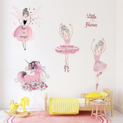 Pink Dancing Princess Wall Stickers Unicorn Nursery Kids Girls Room