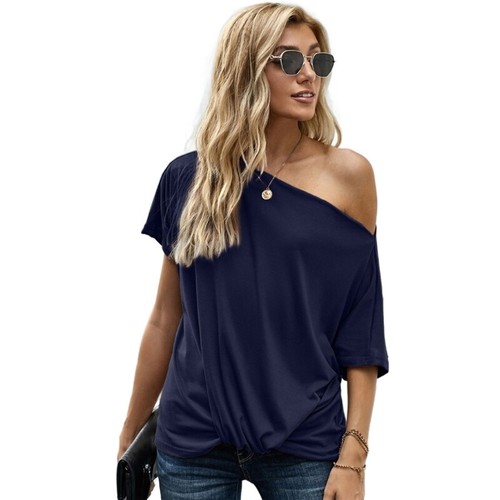 Fashionable Cold Shoulder T-Shirt for Women Short Dolman Sleeve Irregular Blouse - Picture 32 of 38