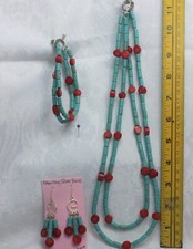 Handmade Turquoise Dyed Howlite with Red Coral Necklace, Bracelet  Earring Set
