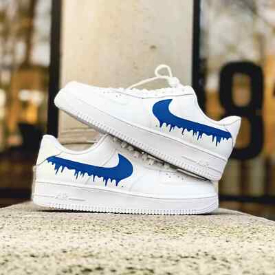 Nike Air Force Custom White Shoes 'Blue Swoosh Drip Design