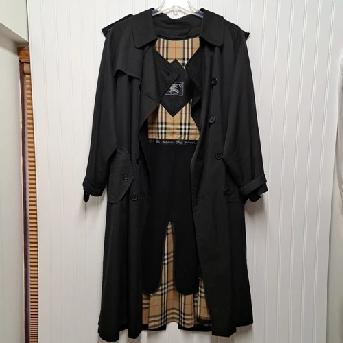 VTG Burberrys London Trench Coat Mens 42 Black Beige Check Removable Wool Liner