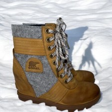 Sorel Lexie Wedge Size 8 Boots Felt Leather Camel  NL3376-224 Boots Tan Gray